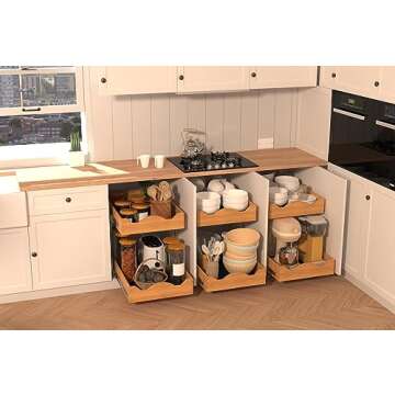 OCG Pull Out Drawers For Cabinets 14"W x 21"D, 2 Tier Heavy-Duty Slide out Wood Drawer Shelf, Pull Out Drawer for Cabinets, Base Cabinet Organization ​for Kitchen, Pantry, Bathroom