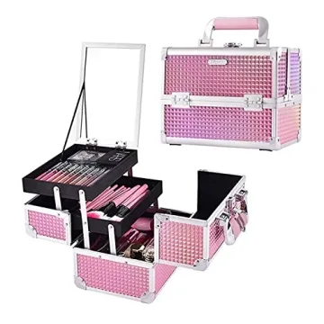 Joligrace Mermaid Pink Makeup Train Case - Portable Organizer with 2 Trays & Mirror