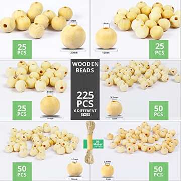 225 Pcs Unfinished Wooden Beads-6 Sizes- Includes 8m Jute Twine - Natural Wooden Beads for Crafts, T...