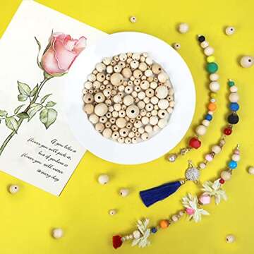 225 Pcs Unfinished Wooden Beads-6 Sizes- Includes 8m Jute Twine - Natural Wooden Beads for Crafts, Tassel Garland, Jewelry Making, Macrame, Bracelets Beads of Sizes from 8-20mm