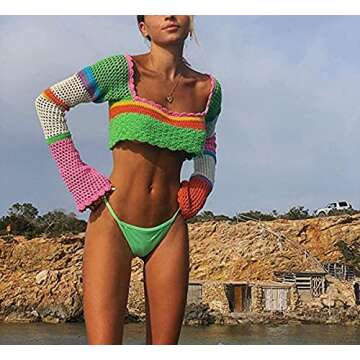 Women Y2k Crochet Crop Tops Long Sleeve Knit Color Block Hollow Out Top E-Girl Patchwork Shirts 90S ...