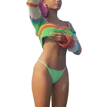 Women Y2k Crochet Crop Tops Long Sleeve Knit Color Block Hollow Out Top E-Girl Patchwork Shirts 90S Streetwear(S, D-Green)