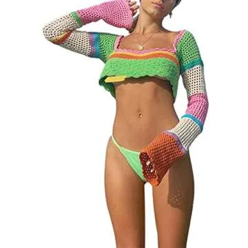 Women Y2k Crochet Crop Tops Long Sleeve Knit Color Block Hollow Out Top E-Girl Patchwork Shirts 90S Streetwear(S, D-Green)