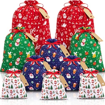 10 PCS Christmas Drawstring Gift Bags with Tags, Xmas Gift Bags Assorted Sizes Bulk, Large Medium Sm...