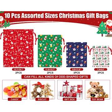 10 Assorted Christmas Drawstring Gift Bags for Gifting
