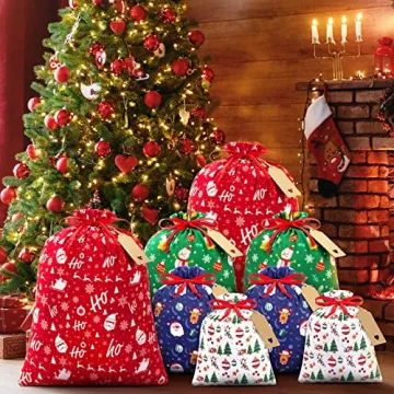 10 Assorted Christmas Drawstring Gift Bags for Gifting