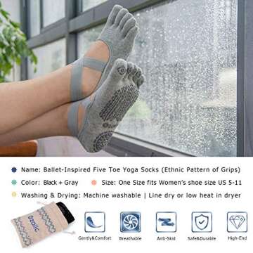 Ozaiic Yoga Socks for Women with Grips, Non-Slip Five Toe Socks for Pilates, Barre, Ballet, Fitness
