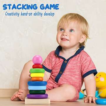 Tmgooyier Stacking Toys Wooden Rainbow Stacking Toy, Safe Non-Toxic Toddler Learning Color Recognition Game for 1-3 Year Old Baby Boys Girls Baby Stacking Toys