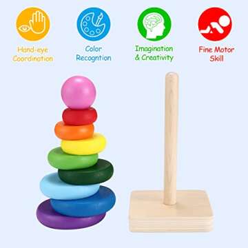 Tmgooyier Stacking Toys Wooden Rainbow Stacking Toy, Safe Non-Toxic Toddler Learning Color Recognition Game for 1-3 Year Old Baby Boys Girls Baby Stacking Toys