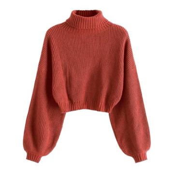 ZAFUL Women's Cropped Turtleneck Sweater Lantern Sleeve Ribbed Knit Pullover Sweater Jumper (2-Chest...