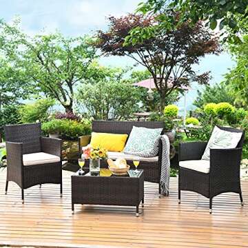 Tangkula 4-PCS Patio Rattan Conversation Set: Stylish Outdoor Wicker Furniture with Cushion & Glass ...