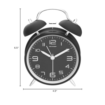 Peakeep 4 Inches Twin Bell Loud Alarm Clock for Heavy Sleepers, Backlight, Battery Operated Old Fashioned Alarm Clock for Bedrooms (Black)