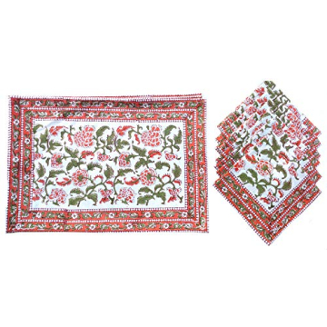Rastogi Handicrafts Hand Block 100% Cotton Indian Style Theme Dining Table Mats and Napkins Set of 6...