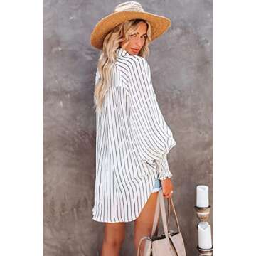 CHYRII Women's Striped Print Button Down Long Sleeve Blouses with Pockets in Classic White+Black for...