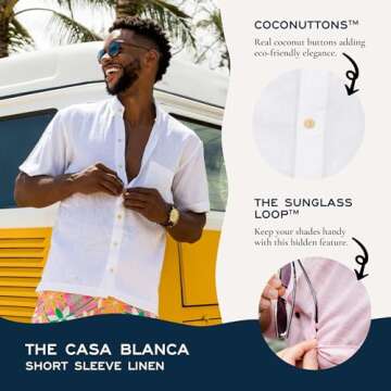 Kenny Flowers - Casa Blanca Short Sleeve Button Down Shirt - Men's Premium White Linen Shirt - Regular & Relaxed Fit, Hand-Made in Bali - Perfect for Casual Summer Beach Days, Vacations, and Wedding