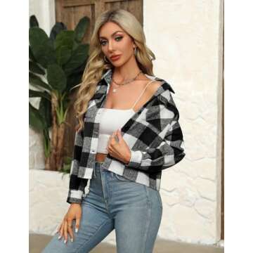 Zeagoo Jackets for Women Cropped Flannel Wool Blend Plaid Shacket Tops Fashion Fall Button Down Shirt Coat
