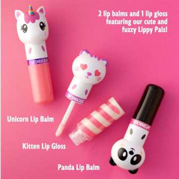 Lip Smacker Lippy Pals, Set of 3 Flavored Moisturizing & Smoothing Soft Shine Lip Balm, Hydrating & Protecting Fun Tasty Flavors ,Cruelty-Free & Vegan - Unicorn, Panda and kitten