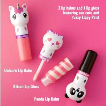 Lip Smacker Lippy Pals, Set of 3 Flavored Moisturizing & Smoothing Soft Shine Lip Balm, Hydrating & Protecting Fun Tasty Flavors ,Cruelty-Free & Vegan - Unicorn, Panda and kitten