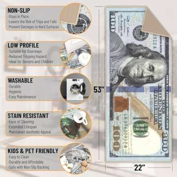 Machine Washable $100 Bill Design Non-Slip Rubberback 22x53 Modern Runner Rug for Hallway, Kitchen, ...