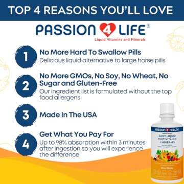Passion 4 Life Mega Liquid Multivitamins, Trace Minerals, Amino Acids, Turmeric for Adults, Men, Women, Teens, Kids, Non-GMO, No Soy, No Dairy