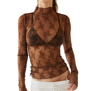 Ugerlov Women's Long Sleeve Mesh Top Mock Neck Sheer Blouse See Through Floral Lace Tops, Brown S