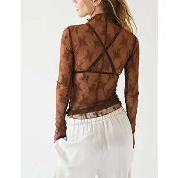 Ugerlov Women's Stylish Long Sleeve Lace Mesh Top