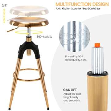 Brage Living 29-32.5 Inch Industrial Adjustable Bar Stool, Swivel Round Seat Metal Barstool with Legs, Backless Heavy Duty Airlift Bar Chair for Kitchen Dining Pub Cafe (Gold)