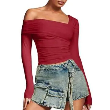 REORIA Long Sleeve Shirts for Women Off Shoulder Crop Top Y2k Double Lined Top Asymmetrical Ruched M...