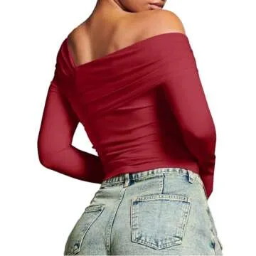 REORIA Long Sleeve Shirts for Women Off Shoulder Crop Top Y2k Double Lined Top Asymmetrical Ruched Mesh Top Red Small