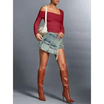 REORIA Long Sleeve Shirts for Women Off Shoulder Crop Top Y2k Double Lined Top Asymmetrical Ruched Mesh Top Red Small