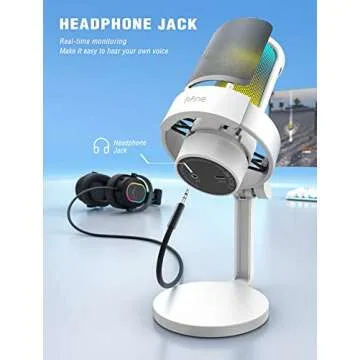 FIFINE Gaming USB PC Computer RGB Microphone for Live Streaming, Meeting, Podcasting, Video, Condenser Mic with Monitoring Headphone Jack, Light Control, for MAC OS/Windows-AmpliGame A8 White