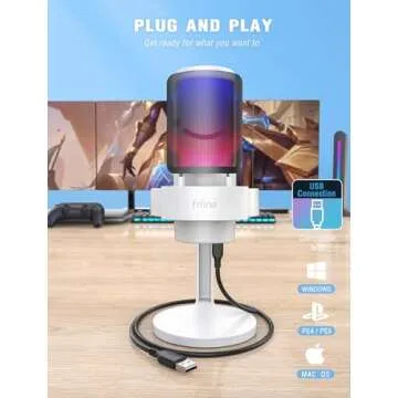FIFINE Gaming USB PC Computer RGB Microphone for Live Streaming, Meeting, Podcasting, Video, Condenser Mic with Monitoring Headphone Jack, Light Control, for MAC OS/Windows-AmpliGame A8 White