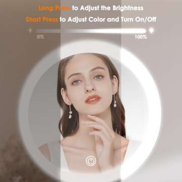 Large Lighted Makeup Mirror, 8" Rechargeable Vanity Mirror with 3 Color Lights, 1X/10X Magnifying Mirror, 360° Rotation Double Sided Mirror, Brightness Adjustable Makeup Mirror with Lights