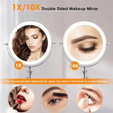 Large Lighted Makeup Mirror, 8" Rechargeable Vanity Mirror with 3 Color Lights, 1X/10X Magnifying Mirror, 360° Rotation Double Sided Mirror, Brightness Adjustable Makeup Mirror with Lights
