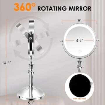 Large Lighted Makeup Mirror, 8" Rechargeable Vanity Mirror with 3 Color Lights, 1X/10X Magnifying Mirror, 360° Rotation Double Sided Mirror, Brightness Adjustable Makeup Mirror with Lights