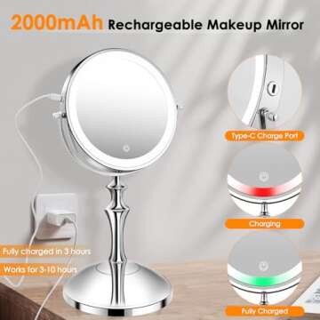 Large Lighted Makeup Mirror, 8" Rechargeable Vanity Mirror with 3 Color Lights, 1X/10X Magnifying Mirror, 360° Rotation Double Sided Mirror, Brightness Adjustable Makeup Mirror with Lights