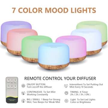 Oil Diffuser, 500ml Essential Oil Diffusers, Aromatherapy Diffuser with 2 Mist Mode 4 Timers＆7 Amb...