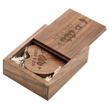 LXSINO 32GB Wood USB 3.0 Flash Drive with Laser Engraved Mr & Mrs Design - 32GB Wooden Heart Shape USB Memory Stick Thumb Drivers with Box for Wedding/Couple/Parents (Walnut 32GB)