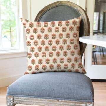 PANDICORN Block Print Throw Pillow Covers 18x18 Inch Set of 2 Green and Pink Boho Vintage Floral Outdoor Decorations Decorative Throw Pillows Cases Cushion Covers for Home Living Room Couch Décor