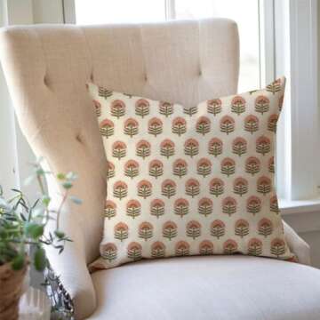 PANDICORN Block Print Throw Pillow Covers 18x18 Inch Set of 2 Green and Pink Boho Vintage Floral Outdoor Decorations Decorative Throw Pillows Cases Cushion Covers for Home Living Room Couch Décor