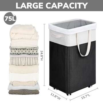 Goodpick Hamper with Wheels 75L 2-Pack, Tall Laundry Basket with Removable Wash Bags, Rolling Black Laundry Hamper for Corner Dorm, Large Collapsible Laundry Baskets