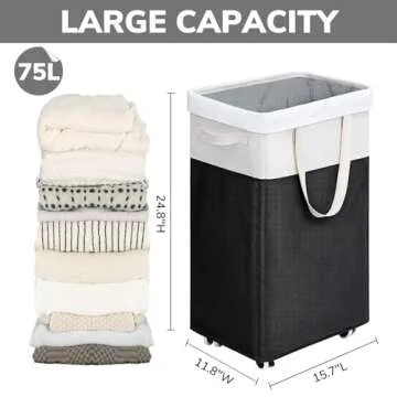 Goodpick Hamper with Wheels 75L 2-Pack, Tall Laundry Basket with Removable Wash Bags, Rolling Black Laundry Hamper for Corner Dorm, Large Collapsible Laundry Baskets
