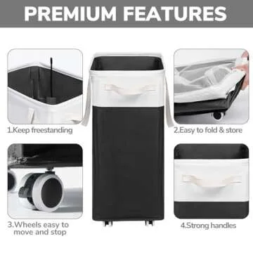 Goodpick Hamper with Wheels 75L 2-Pack, Tall Laundry Basket with Removable Wash Bags, Rolling Black Laundry Hamper for Corner Dorm, Large Collapsible Laundry Baskets
