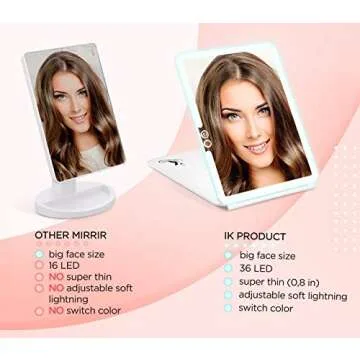 IKproductpro Makeup Mirror, Vanity Mirror, LED Vanity Mirror, 3 Color Light Portable Mirror, Travel Vanity Mirror, Vanity Makeup Mirror, Travel Rechargeable Mirror