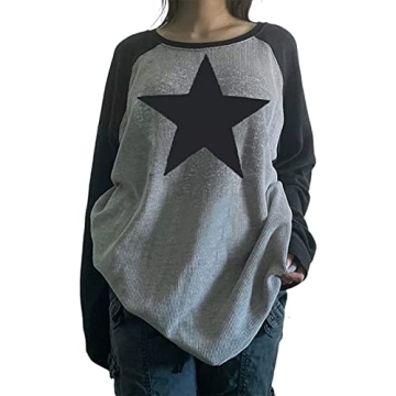 ABYOVRT Women's Y2K Oversized Star Shirt - Vintage Patchwork Long Sleeve Tee