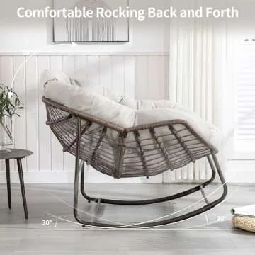 Villeston Outdoor Papasan Rocking Chair - Oversized Comfy Patio Chair Indoor Egg Royal Rattan Rocking Chair with Cushion for Front Porch Lounge Lawn Bedroom Living Room (Beige Grey)
