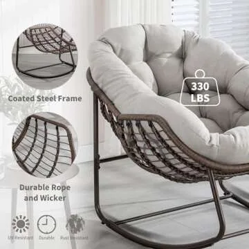 Villeston Outdoor Papasan Rocking Chair - Oversized Comfy Patio Chair Indoor Egg Royal Rattan Rocking Chair with Cushion for Front Porch Lounge Lawn Bedroom Living Room (Beige Grey)