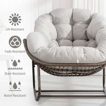 Villeston Outdoor Papasan Rocking Chair - Oversized Comfy Patio Chair Indoor Egg Royal Rattan Rocking Chair with Cushion for Front Porch Lounge Lawn Bedroom Living Room (Beige Grey)