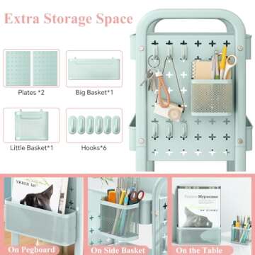 Rolling Utility 3 Tier Organizer Cart with Wheels - Metal Craft Storage Cart with DIY Dual Pegboards...