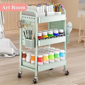 Rolling Utility 3 Tier Organizer Cart with Wheels - Metal Craft Storage Cart with DIY Dual Pegboards, Removable Baskets Hooks for Office, Home, Kitchen, Classroom (Green)